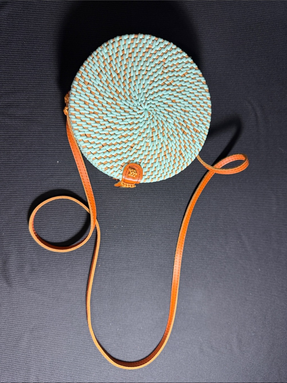 Round Mint Woven Crossbody Bag with Tan Strap